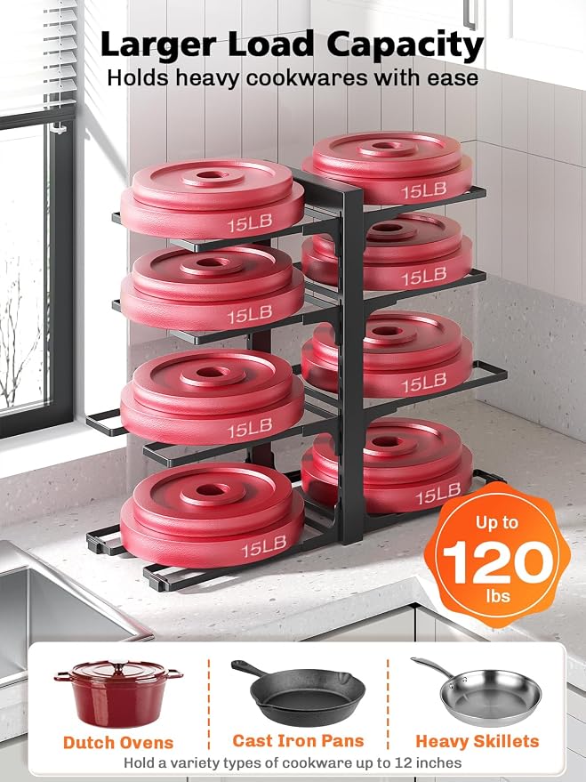 MUDEELA 8-Tier Heavy Duty Pots and Pans Organizer under Cabinet, Black | Adjustable 15.83" H pot rack, pan organizer Holds big stockpots, Cast Iron Skillet and cookware for use inside cabinets