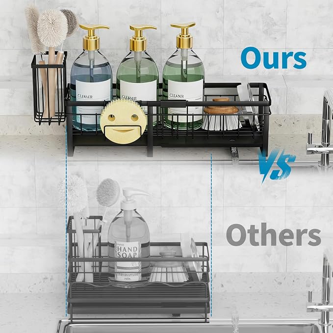 Extra Large Extendable Sponge Holder for Kitchen Sink Caddy Organizer | Rustproof Sink Caddy Organizer with High Brush Holder, Dish Soap Dispenser Organizers and Storage (Black)