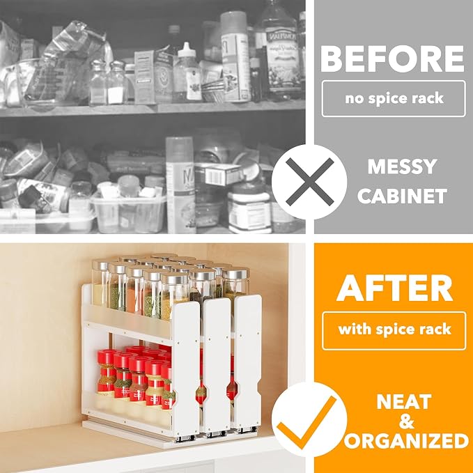 SpaceAid Bamboo Pull Out Spice Rack Organizer for Cabinet, Heavy Duty Slide Out Seasoning Kitchen Pantry Sliding Vertical Organization, 7.6" Wide, 3 Drawers(2" Wide), 2-Tier, White
