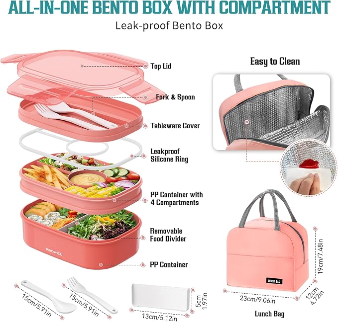 RIKDOKEN Bento Lunch Box, Stackable 2 Layers Containers with Compartments, Portable 64OZ Large Capacity Leakproof Bento Box with Spoon & Fork & Lunch Bag, Microwave Safe Lunch Box for Kids and Adults