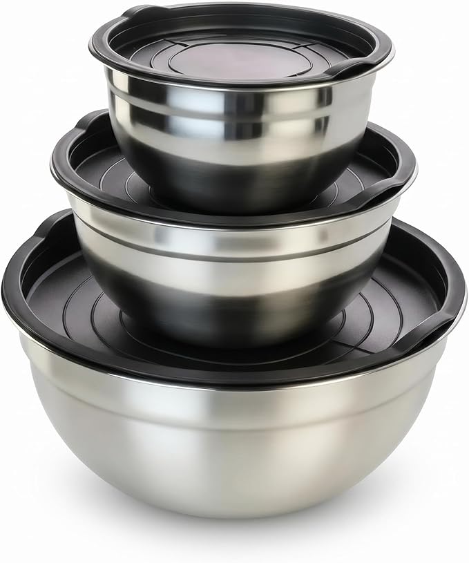 Mixing Bowls with Lids Set of 3, Stainless Steel Nesting Bowls with BPA-Free TPE Lids, 1.5/2.5/5 QT Kitchen Bowls for Baking, Salad Prep, Meal Prep, Mixing and Storage