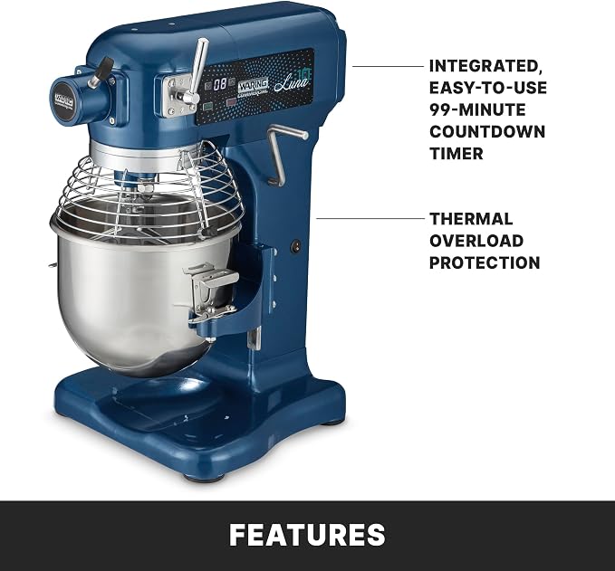 Waring Luna Planetary Stand Mixer with 10-Quart Capacity | 10-Quart Capacity, 3/4 Horsepower Motor with Digital Timer, for Professional Bakeries & Commercial Kitchens