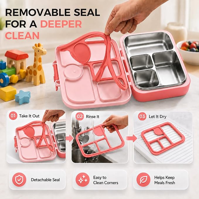 Kids Stainless Steel Bento Lunch Box, 4 Compartments | Leak-Resistant 4 Cups Lunch Container for Ages 4+ with Easy-Open Latch, Removable Seal & Meal Feedback Icon