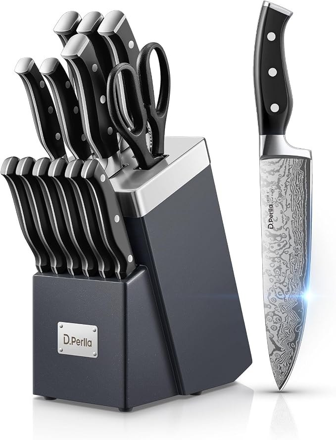 Knife Set, D.Perlla Kitchen Knife Set with Advanced Self-Sharpening Technology, 14 Piece Waved Texture Knife Set with Block, High Carbon Stainless Steel Knife Block Set, Razor-Sharp, Full Tang Handle