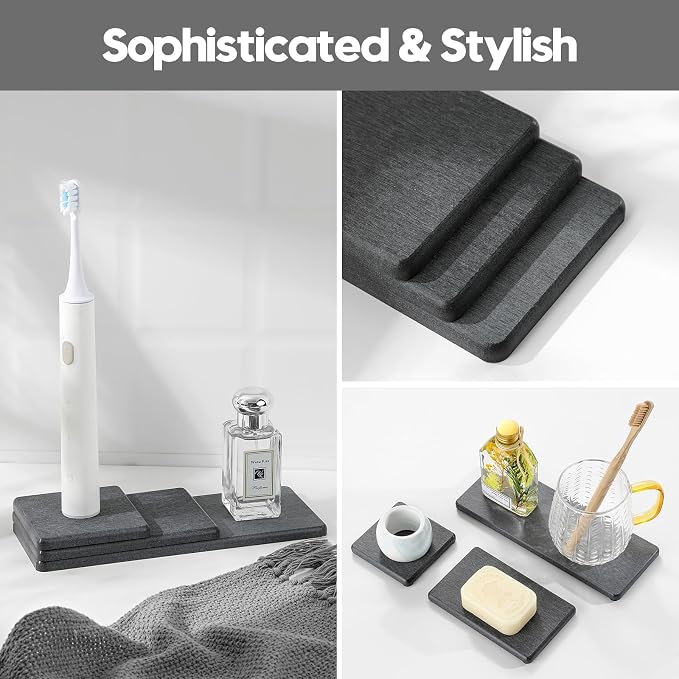 3PCS Water Absorbing Soap Dish Sponge Holder, Diatomite Stone Drying Tray Mat Sink Caddy for Kitchen Counter & Bathroom, Small Stone Bath Mat Faucet Accessories Organizer Protector,Dark Gray,9"x 3.5"