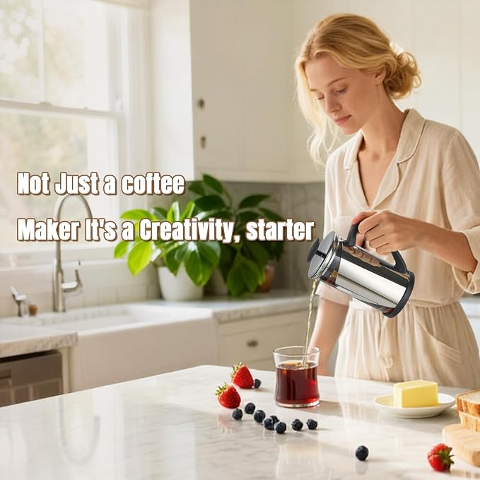 KYZ Glass French Press Coffee Maker, 20 fl oz Carafe, Stainless Steel Mesh | Four-stage filtration filters grounds; borosilicate glass handles -20°C to 150°C for coffee, cold brew and loose leaf tea