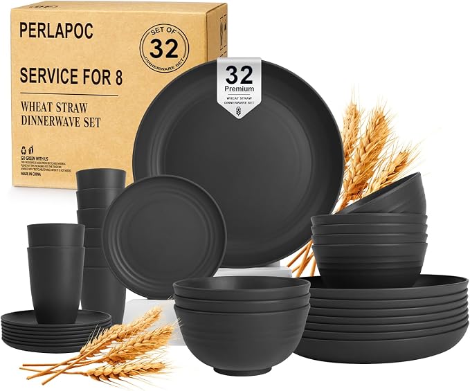 Wheat Straw Dinnerware Sets for 8, 32 PCS Unbreakable Plates and Bowls Sets, Reusable Dinnerware Set for Kitchen Outdoor and Apartment Dinning Essentials - Black