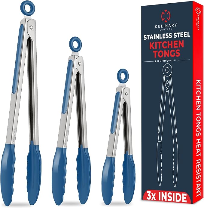 Kitchen Tongs - 12, 9 & 7 Inch Locking Silicone Tongs for Cooking, Set of 3 | Blue Tongs with Silicone Tips, Heat Resistant Tongs for Grilling, Serving, Mixing