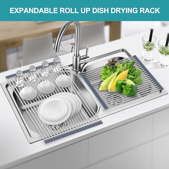 BBXTYLY Extra Large Expandable Roll Up Dish Drying Rack,Over The Sink Drying Rack Sink Cover Kitchen Sink Accessories Kitchen Rolling up Stainless Steel Drainer, Foldable,Rollable（Gray，22.8'-17.3''）