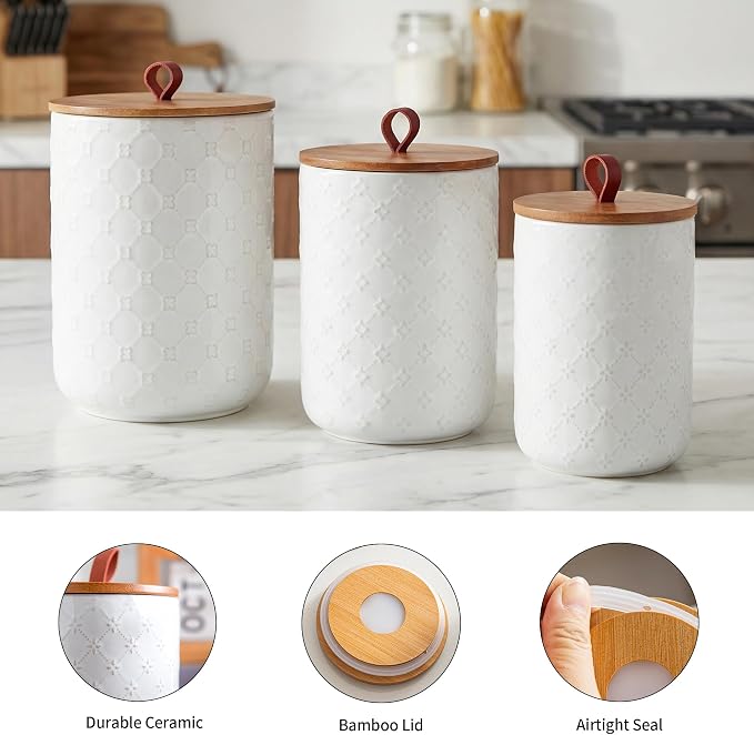 White Ceramic Canisters Set with Airtight Lids, 82/48/30 oz Coffee Canisters Sets for the Kitchen, Large Jars for Flour, Sugar, Pasta, Coffee, Cookies, Tea - Set of 3, Embossed Pattern