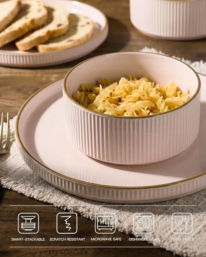 Famiware Stoneware Dinnerware Sets for 8, Rimmed Plates, Bowls, Pink Dishes | 24-Piece Chip & Scratch Resistant Ceramic, Microwave & Dishwasher Safe, Everyday & Formal Dining, Modern Rustic, Lipped Edges