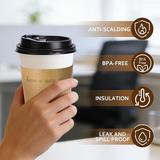 BYSNOW 500 pack 16 oz Bulk Disposable Paper Coffee Cups with Lids Hot Cups | Paper To Go Cups with Lids, Sleeves and Stirring Sticks, Hot Paper Cups for Home, Office and Party (White 16oz)