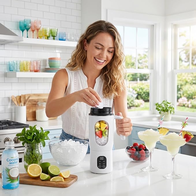 Lilogi 580ML Portable Blender with LED Display, 12-Blade USB-C Rechargeable Travel Blender with Handle & Extra Lid, Ideal for Kitchen, Office, Gym & Outdoor Sports