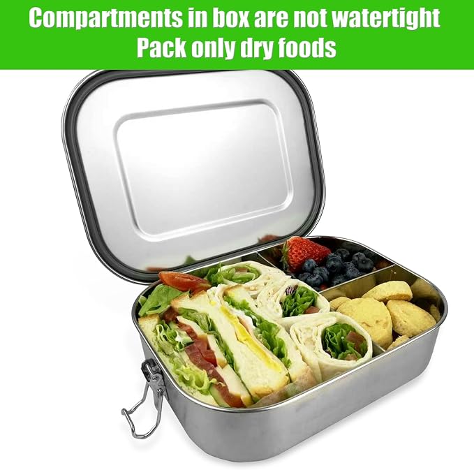 UPTRUST Stainless Steel Bento Box for Kids, 3-Compartment (47oz/1400ML) | Metal Bento Lunch Box for Kids or Adults, 3 Compartment Packing Box for Work Lunch