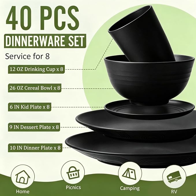 Kitchen Wheat Straw Dinnerware Set 40 PCS Dishes Sets for 8 Plastic Plates Reusable Dinner Plates Cereal Bowls Small Cups Dishwasher & Microwave Safe Unbreakable Dish Set for Picnic RV-Black