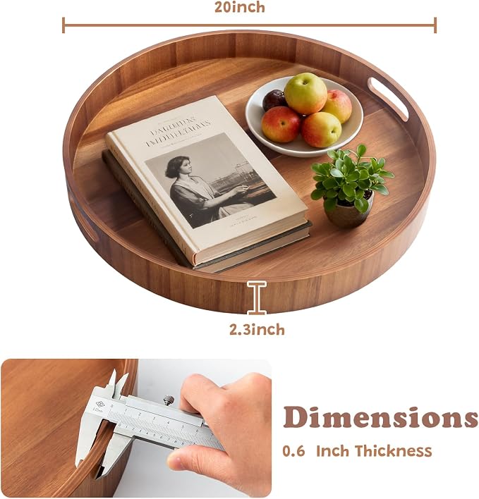 20 Inch Ottoman Coffee Table Tray with Handles, Large Round Wooden Serving Tray, Big Decorative Kitchen Organizer Giant Sofa Storage Trays Huge Counter Serveware