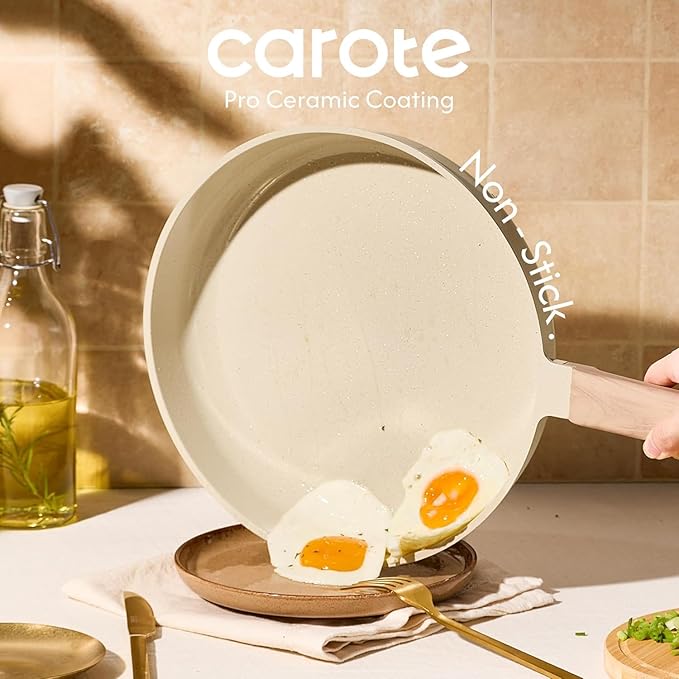 CAROTE 8" Frying Pan Set, Ceramic Frying Pan, Non-Toxic PTFE & PFOA Free Fry Pan & Omelet Pan, Compatible with Induction, Gas Cooktops