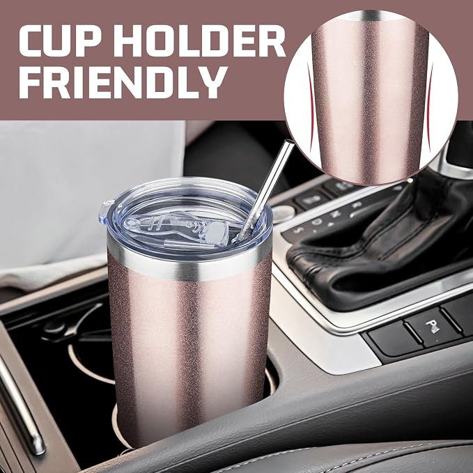 20 oz Tumbler with Lids and Straws, Stainless Steel Insulated Travel Coffee Mug, Double Wall Vacuum Insulated Tumblers, Powder Coated Coffee Tumbler for Cold & Hot Drinks (Rose Gold)