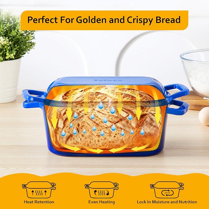 Velaze 3.6 QT Oval Cast Iron Dutch Oven for Bread Baking, Offset Handles | Bread Pan with Lid for Sourdough Sandwich,Small Households Baking,Gift for Bread Bakers,Deep Base,Oven Safe,Blue