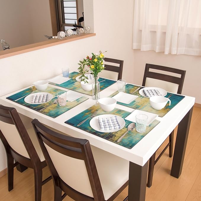 Emvency Farmhouse Placemats Set of 4, 12x18 Inch, Turquoise and Yellow | Abstract Vintage Art Painting Table Mats for Outdoor Home Party Kitchen Dining Decoration