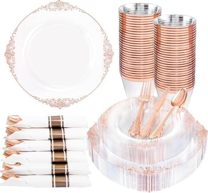 Nervure 175Pcs Rose Gold Plates, Disposable Party Plates for 25 Guests | 25 7.5" Dessert & 25 10.25" Dinner Plastic Plates, 75 Gold Silverware, 25 9oz Cups, 25 Napkin for Wedding & Party, Heavy-duty