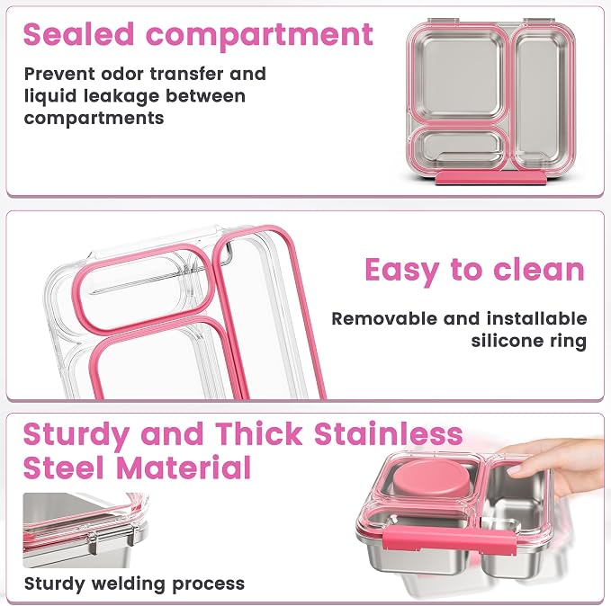 Stainless Steel Bento Box Kids Adult with 7oz Soup Thermo, Transparent Lid 3 Compartments Metal Bento Lunch Box with Insulated Food Jar,Lunch Box Container Sauce Cup for School,BPA-Free (Pink)