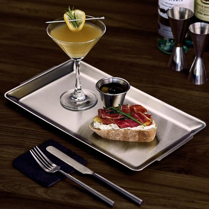 Wagensteiger SUS304 Stainless Steel Serving Platters, Rectangle Metal Dinner Plate with Handles, Decorative Tray, Lightweight, Cheese Board, Oven Safe (10.43 x 5.91 inches)