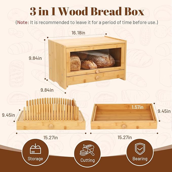3in1 Bread Box for Kitchen Countertopm with Bread Slicer Bread Serving Tray | Bamboo Bread Storage for Homemade Bread, Bread Slicer for Homemade Bread for Slicer Storage and Bread Tray