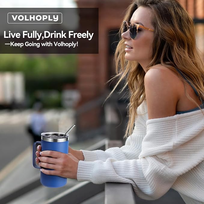 Volhoply 22oz Insulated Stainless Steel Coffee Mug with Leakproof Lid,Double Wall Vacuum Travel Coffee Cup with Handle,Reusable Metal Tumbler,Camping Mugs Keep Hot&Cold(Blue,1)
