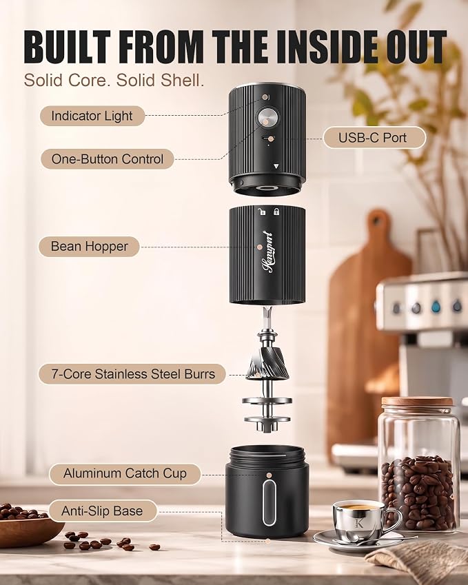 High-Speed Electric Burr Coffee Grinder, Stainless Steel Burrs, Black | Cordless Coffee Mill with 1600mAh Rechargeable Battery, 40 Settings for Pour-Over to Espresso, Portable for Camping, Travel