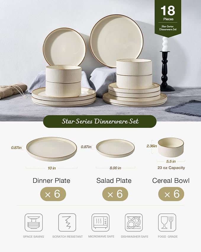 Famiware Stoneware Dishes Dinnerware Sets for 6, Plates and Bowls with Trim | 18pc Ceramic Dinner Set with Lipped Edges, Chip & Scratch Resistant , Microwave & Dishwasher Safe, Everyday Formal Use, Cream