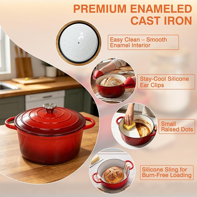 Enameled Cast Iron Dutch Oven Pot with Lid 5.5QT, Sourdough Bread Baking Supplies with Banneton Bread Proofing Basket Set & Starter Jar, Unique Dutch Oven for Bread Baking (Gradient Red)