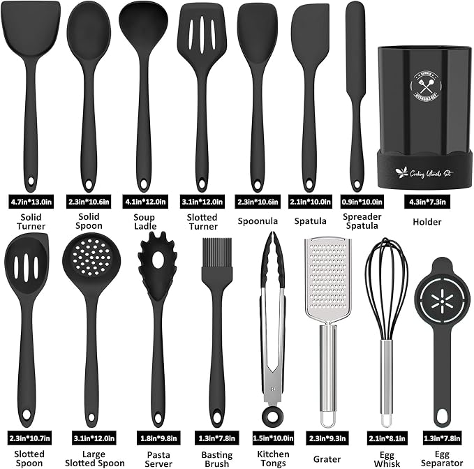 Silicone Kitchen Utensils Set, 16-Piece Silicone Cooking Utensils by Deedro | Heat Resistant Kitchen Tools Set with Holder, Nonstick Spatula Kitchen Gadgets for Cooking & Baking, Black