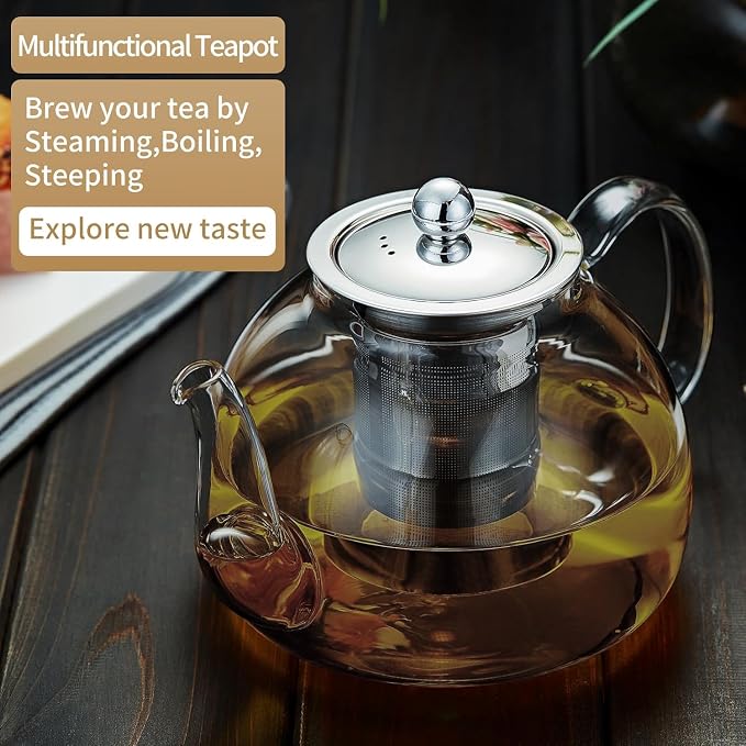 DOPUDO 40OZ (1200ML) Glass Teapot with Infuser Stovetop Safe, Clear Glass Tea Pot Kettle, Borosilicate Tea Pot with Infusers Filter for Loose Tea, Tea Kettle Dishwasher Safe (Black)