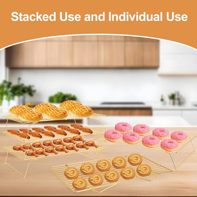 Cooling Rack for Cooking Baking 3 Tiers, 16" x 10" Wire Rack, Gold | Thick Wire Rack, Oven & Dishwasher Safe, for Roasting, Grilling, Drying, Fits Half Sheet Pan