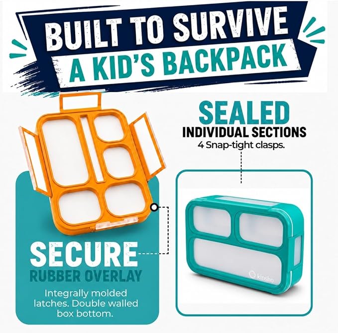 Bento Box Lunch and Snack Containers for School Kids Girls Boys | Leak Proof Portion Control Kits BPA Free, Teal & Orange, Large and Small, Value Set of 4