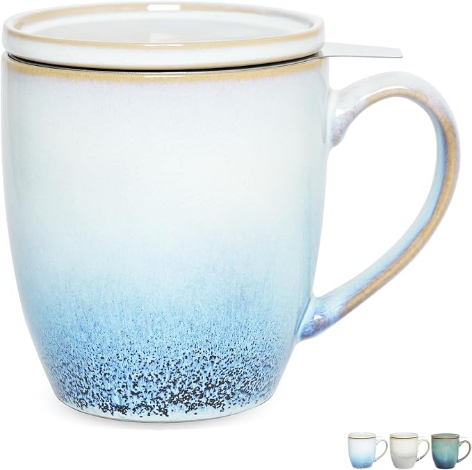 Bosmarlin Ceramic Tea Cup with Infuser and Lid, 16 Oz, 3 Colors to Choose, Dishwasher and Microwave Safe, Reactive Glaze, Steeping Tea Mug with Strainer (16 Oz, Blue)
