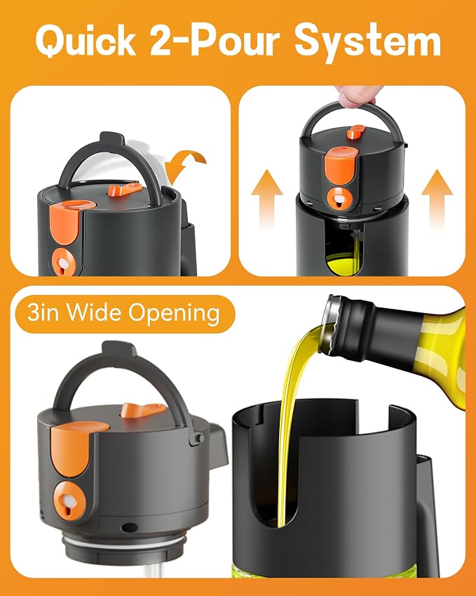 Olive Oil Sprayer & Dispenser for Cooking, 17oz Dark Glass Oil Mister, 2PC | 2-in-1 Sprayer & Pourer, Fine mist, Leakproof, Light-Blocking, Wide Mouth for Easy Refill & Clean, 8 Oil Labels, Reusable