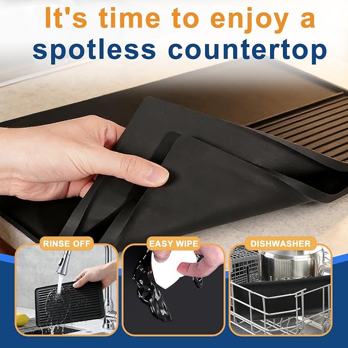 Mrcrypos Silicone Coffee Station Mat with Rasied Edges 16x24 Inch, Black | Anti-Slip, Heat-Resistant, Spill-Proof, Bar Mat for Most Countertop & Espresso Machines, under Coffee Maker/Dish Rack