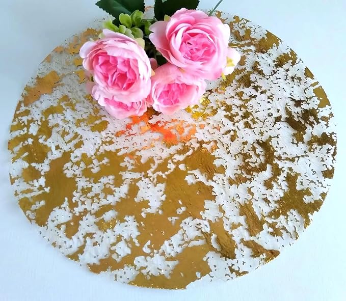 Disposable Gold Placemats Set of 50 Metallic Thin Round 13 Inch Gold Doilies Mesh Pressed Fall Table Placemates 50 Pack Gold Charger Plates for Wedding, Birthday Party