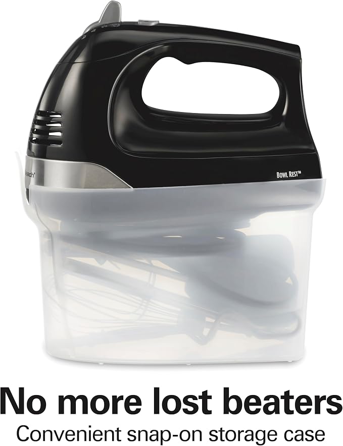 Hamilton Beach 6-Speed Electric Hand Mixer With Easy Clean Beaters | Traditional Beaters | Dough Hooks | Whisk | Snap-On Storage Case | 275 Watt Motor | Black | 62639J