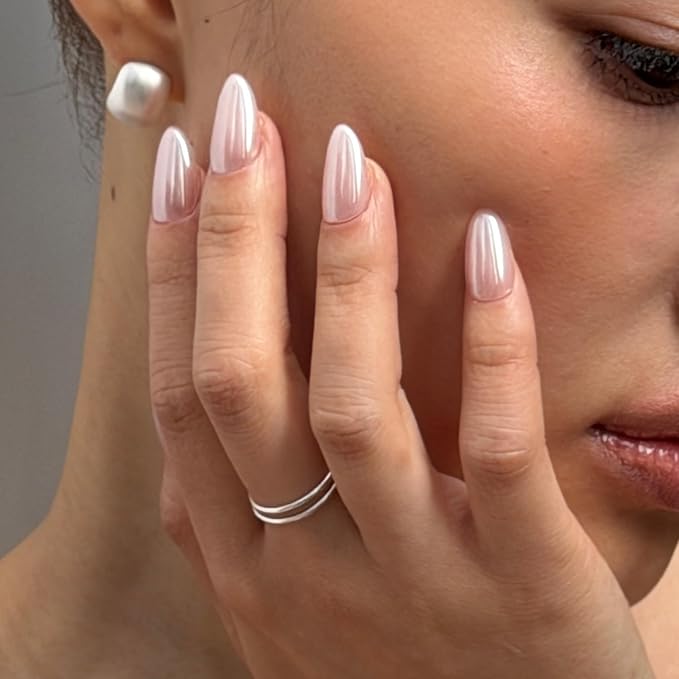 ohora Gel Press On Nails | Beige, Chrome, Medium Oval | Glazed Chrome | Salon-Quality, 100% Real Gel, No UV Lamp, No Glue, Non-Toxic | 15 Sizes, 30 Tips | Long Lasting press ons, K beauty nails