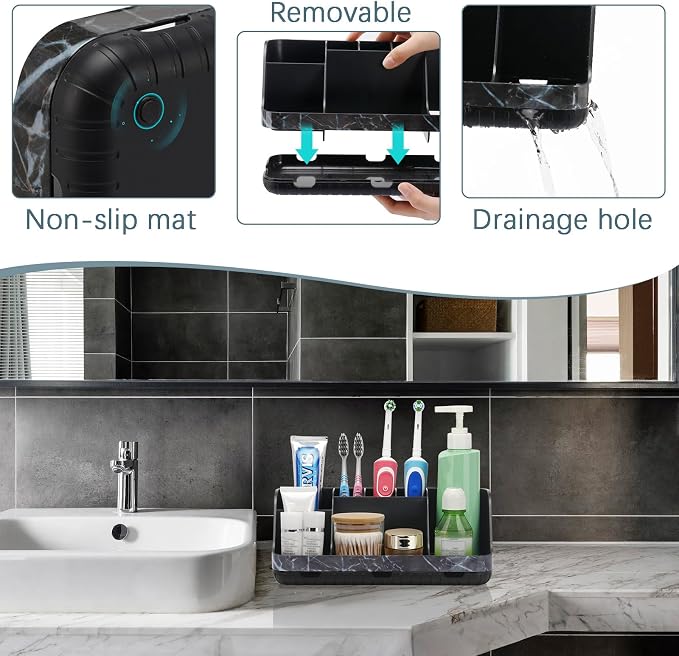 GFWARE Marble Black Toothbrush Holder for Bathrooms, Bathroom Sink Storage | Detachable 7 Slots Kid Electric Toothbrush and Toothpaste Holder, Bathroom Sink Accessories Storage Caddy Marble-Look, Black