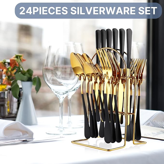 24 Pieces Flatware Set, Caliamary Stainless Steel Flatware Set with Silverware Holder Spoons Forks Knives,Utensils Set Service for 6,Gold Mirror Polished and Matte Pink Painted (Black)…