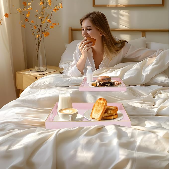 Pink Serving Tray with Handles, Plastic Decorative Tray Set of 2 | Pink Decorative Tray for Coffee Table, Modern Ottoman Tray, Rectangle Melamine Tray for Living Room, 15.8"L x 10.2"W x 1.4"H