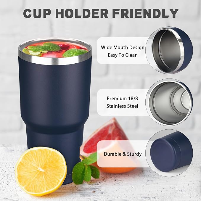 30 oz Tumbler with Lids and Straws, Stainless Steel Insulated Coffee Tumbler, Double Wall Vacuum Insulated Travel Mug Cup, Leakproof Thermal Coffee Cup for Hot and Cold Drinks (Navy Blue)