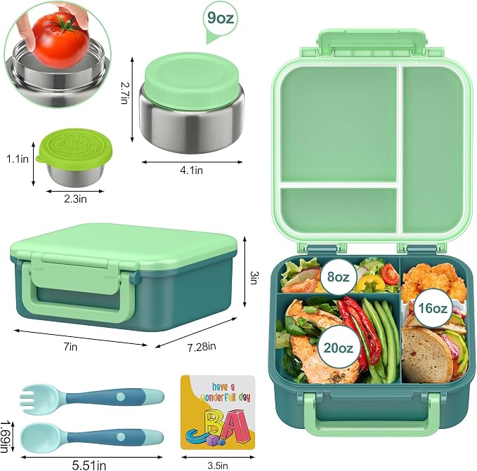 Kids Bento Lunch Box with 9oz Soup Thermo Leakproof Lunch Food Containers 4 Compartment with Insulated Hot Food Jar for Kid Toddler Girls Boys to School, Trvael