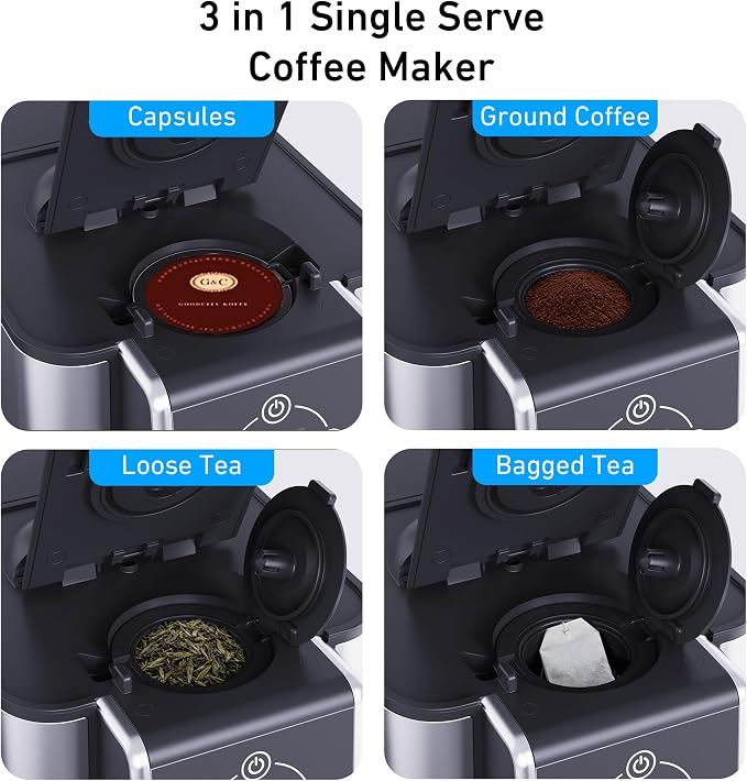 Jesslyn Single Serve Coffee Maker for K Cup Pods and Ground Coffee, 3-in-1 Coffee & Tea Brewer with 6-14 oz Brew Sizes, Compact Coffee Machine for Office, Apartment & Dorm, Gray