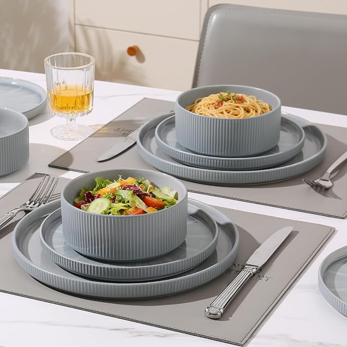 Stoneware Dinnerware Sets for 6, 18-Piece Plates and Bowls Set, Smoky Blue | Advanced Inkjet Printing Ceramic Dishes, Modern Minimalist Tableware, Scratch Resistant, Microwave and Dishwasher Safe
