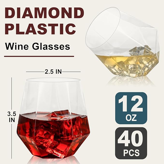 Goodluck 40 PCS 12oz Diamond Stemless Clear Plastic Wine Whiskey Glasses | Disposable Cocktail Glasses, Suitable for Weddings, Birthday Parties, Family Gatherings, Bars, etc